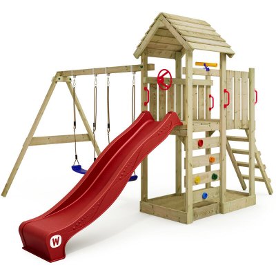 WICKEY Aire de jeux en bois  MultiFlyer avec balan&ccedil;oire et toboggan rouge pour enfants de 3 &agrave; 13 ans