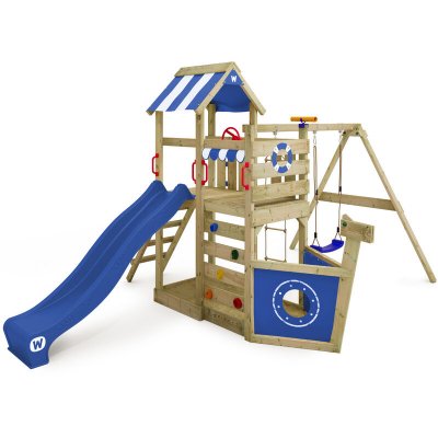 Aire de jeux en bois WICKEY SeaFlyer avec balan&ccedil;oire, toboggan et bac &agrave; sable - Bleu