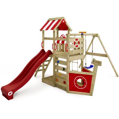 WICKEY Aire de jeux en bois  SeaFlyer avec balan&ccedil;oire, toboggan et bac &agrave; sable - Rouge