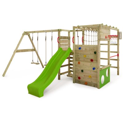 Aire de jeux Portique bois ActionArena FATMOOSE avec balan&ccedil;oire et toboggan vert pomme