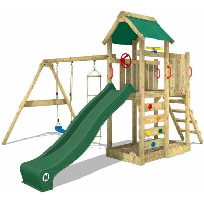 Aire de jeux Portique bois MultiFlyer avec balan&ccedil;oire et toboggan vert WICKEY