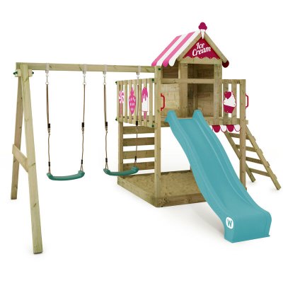WICKEY Aire de jeux Portique bois Smart Candy avec balan&ccedil;oire et toboggan turquois 