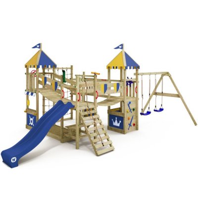 WICKEY Aire de jeux Portique bois Smart Queen  avec balan&ccedil;oire et toboggan bleu