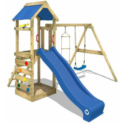 WICKEY Aire de jeux  portique bois freeflyer avec balan&ccedil;oire et toboggan bleu