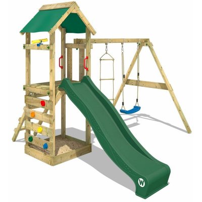 Aire de jeux wickey portique bois freeflyer avec balan&ccedil;oire et toboggan vert