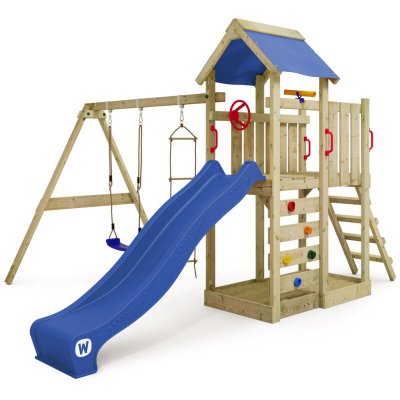 WICKEY Aire de jeux -  portique bois multiflyer avec balan&ccedil;oire et toboggan bleu