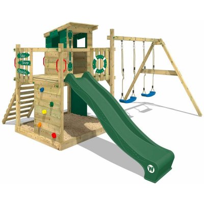 Aire de jeux wickey portique bois smart camp avec balan&ccedil;oire et toboggan vert