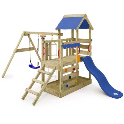 WICKEY Aire de jeux  Portique bois TurboFlyer avec balan&ccedil;oire et toboggan bleu