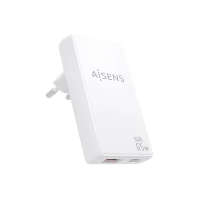 AISENS  Chargeur Mural GaN Ultra Mince 65W USB-C PD3.0 QC4.0 USB-A QC3.0 Blanc