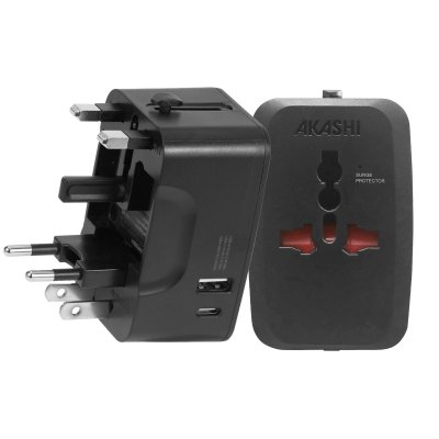 AKASHI  Adaptateur Universel De Voyage Avec 2 Sorties Usb - Noir