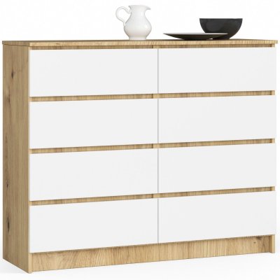 Akord - Commode K120 Ch&ecirc;ne Artisan 120 cm 8 tiroirs fa&ccedil;ade Blanche 120x40x99 cm