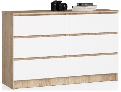 Akord - Commode K120 Ch&ecirc;ne Sonoma 120 cm 6 tiroirs fa&ccedil;ade Blanche 120x40x77 cm