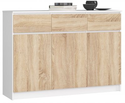 Akord - Commode K140 Blanche 138 cm 3 portes 3 tiroirs fa&ccedil;ade Ch&ecirc;ne Sonoma 6 &eacute;tag&egrave;res 138x40x99 cm