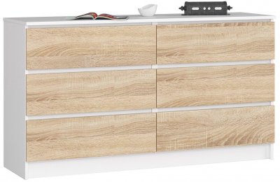 Akord - Commode K140 Blanche 138 cm 6 tiroirs fa&ccedil;ade Ch&ecirc;ne Sonoma 138x40x77 cm