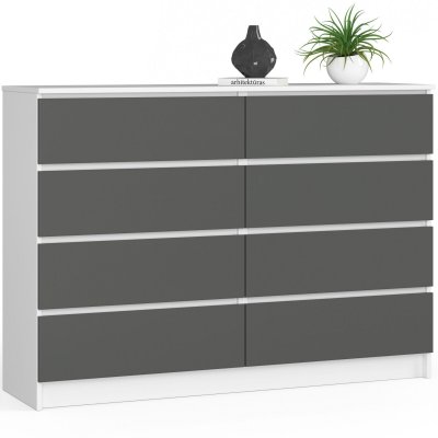 Akord - Commode K140 Blanche 138 cm 8 tiroirs fa&ccedil;ade Gris Graphite 138x40x99 cm