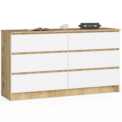 Akord - Commode K140 Ch&ecirc;ne Artisan 138 cm 6 tiroirs fa&ccedil;ade Blanche 138x40x77 cm