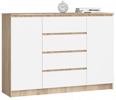 Akord - Commode K140 Ch&ecirc;ne Sonoma 138 cm 2 portes 4 tiroirs fa&ccedil;ade Blanche 4 &eacute;tag&egrave;res 138x40x99 cm