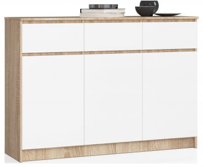 Akord - Commode K140 Ch&ecirc;ne Sonoma 138 cm 3 portes 3 tiroirs fa&ccedil;ade Blanche 6 &eacute;tag&egrave;res 138x40x99 cm