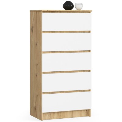 Akord - Commode K60 Ch&ecirc;ne Artisan 60 cm 5 tiroirs fa&ccedil;ade Blanche 60x40x121 cm