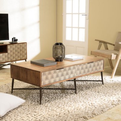 Alix - table basse rectangulaire en bois de manguier 2 tiroirs