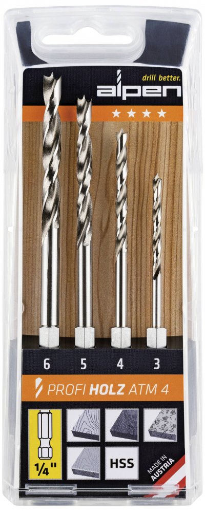 ALPEN  603002100 Jeu de forets pour le bois 4 pi&egrave;ces 3 mm, 4 mm, 5 mm, 6 mm 1/4 (6,3 mm) 1 set