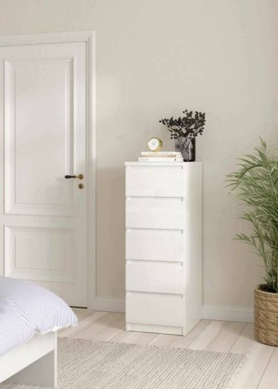 Alter Commode &agrave; cinq tiroirs, couleur blanc brillant, 40 x 111 x 50 cm
