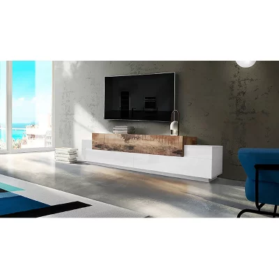 DMORA Alter Meuble TV avec 3 portes - Blanc brillant et &eacute;rable