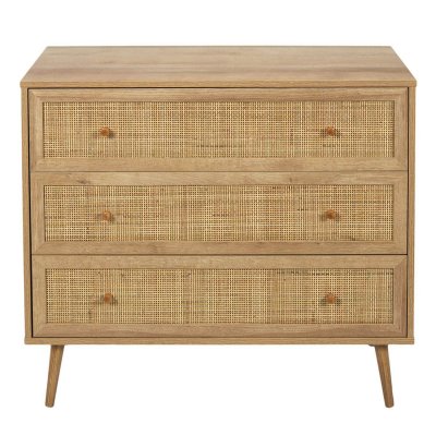AltoBuy Maya - Commode 3 Tiroirs Effet Bois et Fa&ccedil;ades Rotin