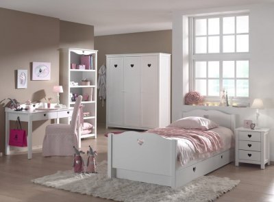 VIPACK AMORI Lit simple + Sommier + Chevet + Armoire 3 portes + Lit gigogne