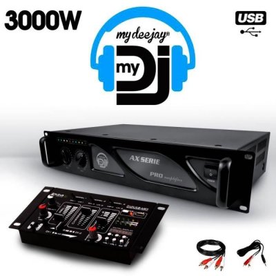IBIZA SOUND Amplificateur sono 2 x 1500w my deejay ax-3000 mydj + table de mixage dj21 4 voies 7 entr&eacute;es + usb