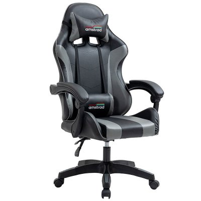 AMSTRAD AMS-800-BLACK Fauteuil / Chaise de bureau Gamer coloris noir & gris- coussin lombaire & appuie t&ecirc;te