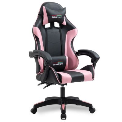AMSTRAD AMS-800-PINK Fauteuil / Chaise de bureau Gamer coloris noir & rose - coussin lombaire & appuie t&ecirc;te
