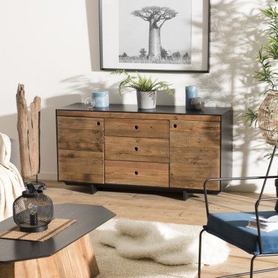 ANDREA - Buffet 2 portes 3 tiroirs bois Pin recycl&eacute; naturel et noir