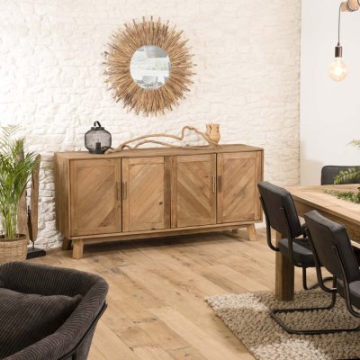 ANDRIAN - Buffet marron 4 portes bois Pin recycl&eacute; d&eacute;tails graphiques