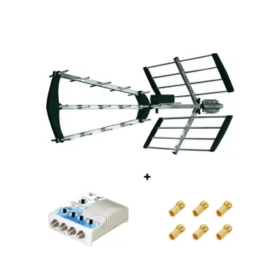 ELAP Antenne Trinappe TNT UHF -  - Clever - Amplificateur 43 dB - Filtre 4G/5G - 6 fiches F Or
