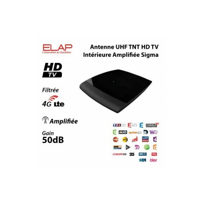 TONNA Antenne UHF TNT HD - Elap - Sigma - Amplifi&eacute;e 50 dB - Design Discret - Cordon TV Inclus