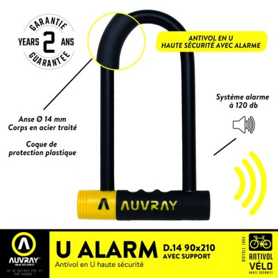 AUVRAY Antivol velo u 90 x 210mm  noir alarme 120 db avec support