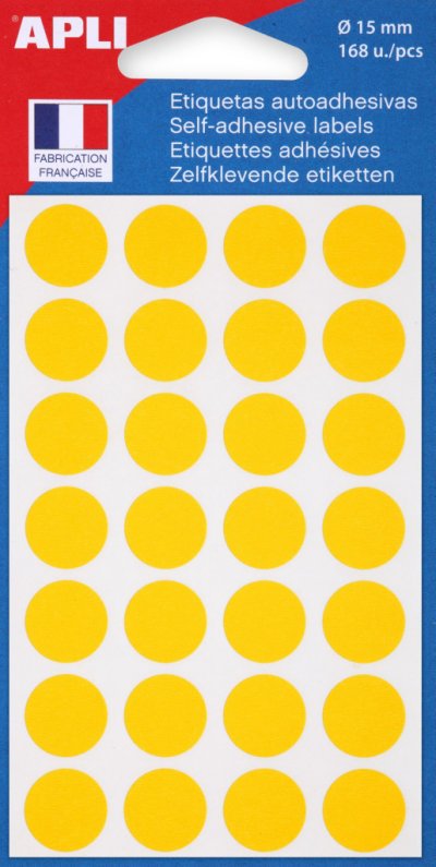 AGIPA APLI , 111844 Pastille Adh&eacute;sive 15mm Pochette de 168 JAUNE