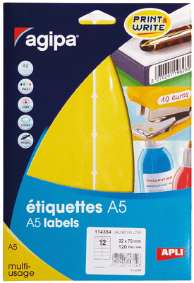 AGIPA APLI 114354 - Etui 120 &eacute;tiquettes multi-usage jaune 32 x 70 mm