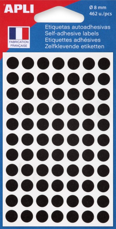 AGIPA APLI- 111837 Pastille Adh&eacute;sive 8mm Pochette Lot de 462, Noir