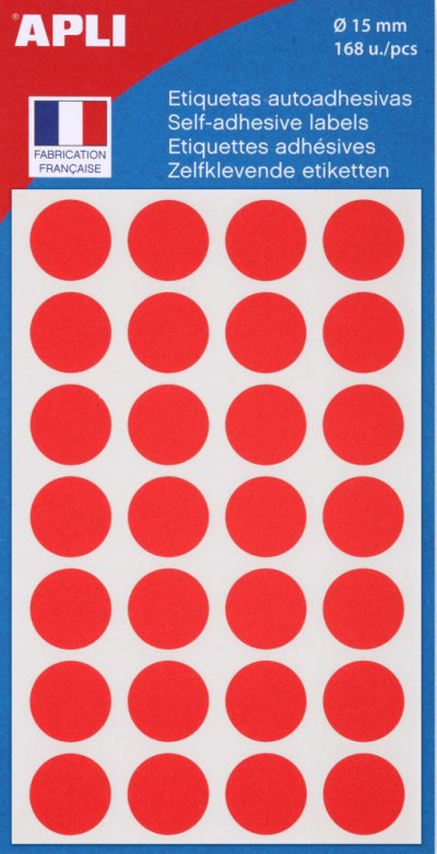APLI Pastilles adh&eacute;sives &Oslash; 15 mm - 111843 - Pochette de 168 - Rouge