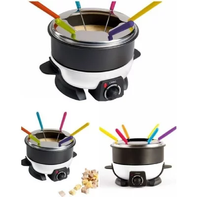 Appareil &agrave; fondue &eacute;lectrique 6 personnes  thermo-isol&eacute;es et pare-&eacute;claboussures en inox anti-adh&eacute;sif