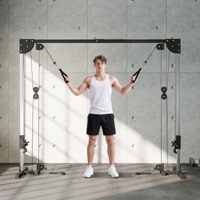 SPORTNOW Appareil de musculation double poulie vis &agrave; vis crossover acier gris noir
