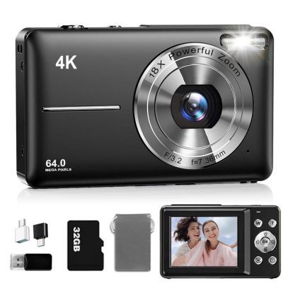 QVIIDBVB Appareil Photo Compact Num&eacute;rique 4K 64MP - &Eacute;cran LCD 2.4"" - Zoom 18x - Carte 32Go
