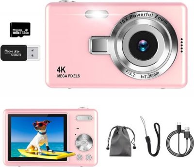  Appareil Photo Num&eacute;rique - NEOZHOU - 4K Autofocus 50MP - Zoom 16X - Anti-Shake - Rose