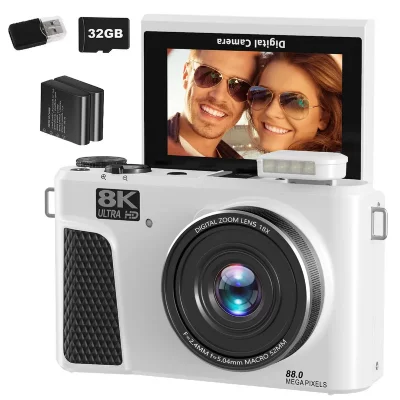 VURAHOME Appareil Photo Num&eacute;rique  WD3 8K 88MP WiFi &Eacute;cran 3"" 32Go 2 Batteries Blanc