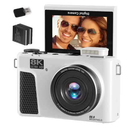 VURAHOME Appareil Photo Num&eacute;rique  WD3 8K 88MP WiFi &Eacute;cran 3"" Rotatif 180&deg; 2 Batteries Blanc