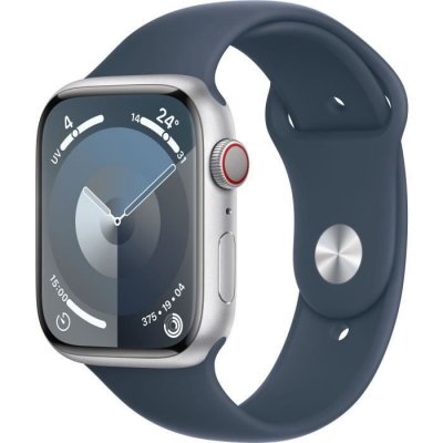 Apple Watch Series 9 GPS 45 mm, bo&icirc;tier en aluminium argent&eacute; avec bracelet sport Bleu temp&ecirc;te M/L 