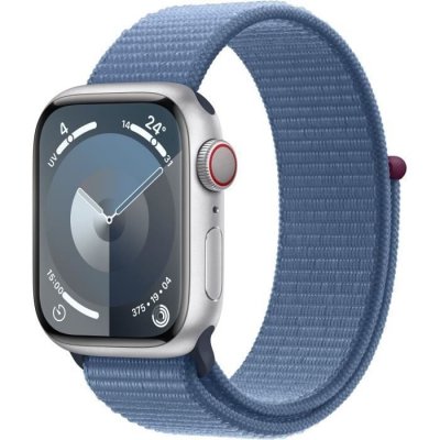 Apple Watch Series 9 GPS + Cellular 45 mm, bo&icirc;tier en aluminium argent&eacute; avec boucle Sport Bleu hiver 