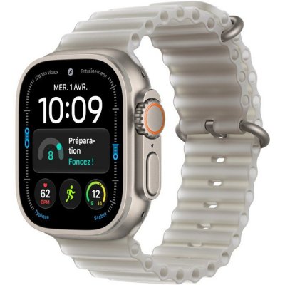 Apple Watch Ultra 4 GPS + Cellular 49 mm Titane naturel Bracelet Oc&eacute;an Gris translucide